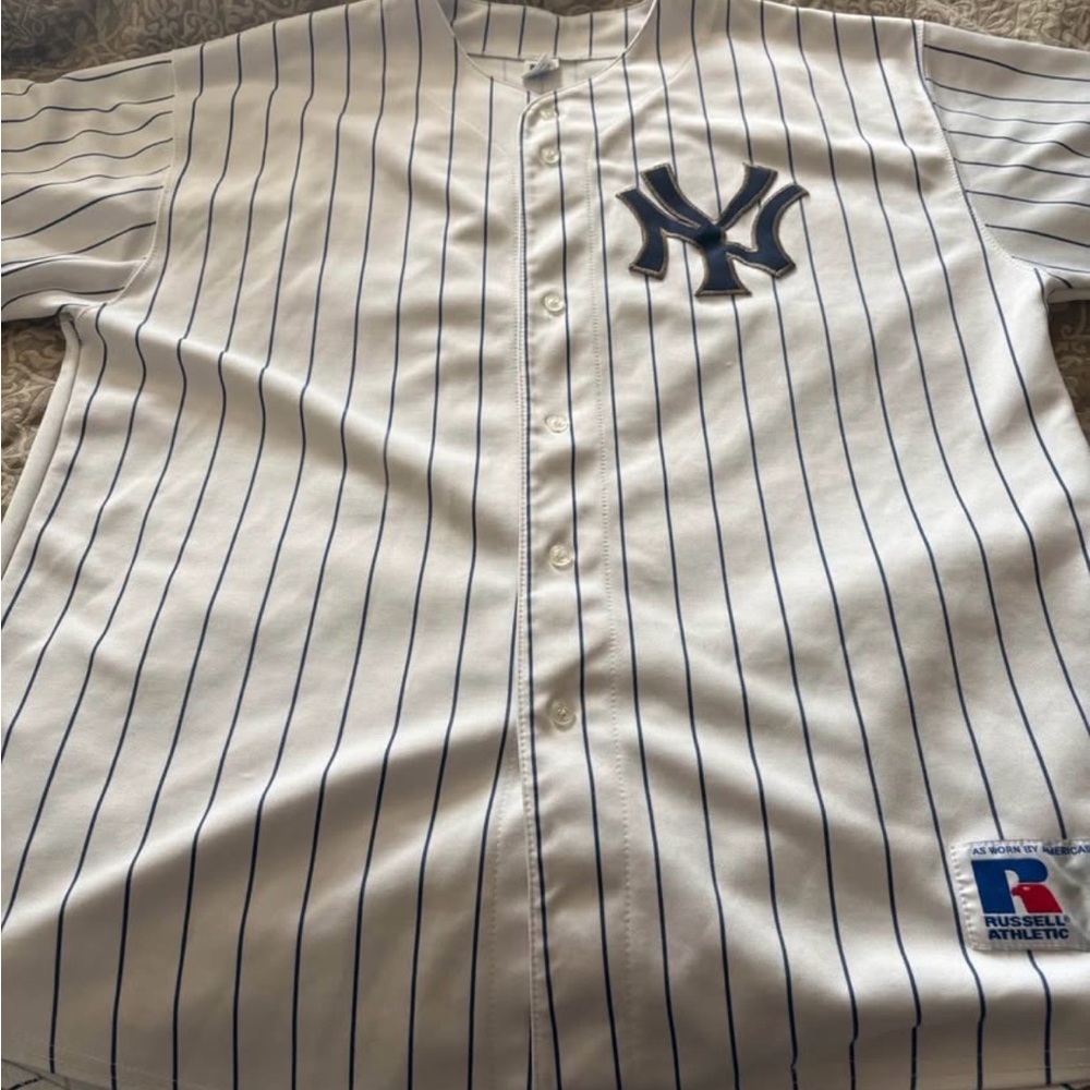 DEREK JETER official jersey Russell Athletic White Jersey with Navy Pinstripes